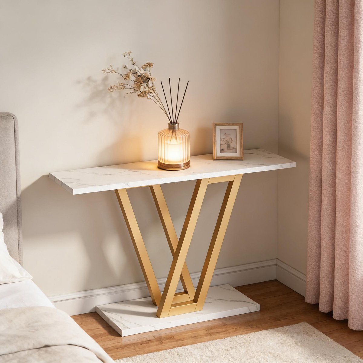 DESMIU Sidetable - Smal Design Met V-Vormige Metalen Poten - Voor Hal Woonkamer En Kleine Ruimtes - Hout En Metaal - 110x30x80 Cm - Goud Wit