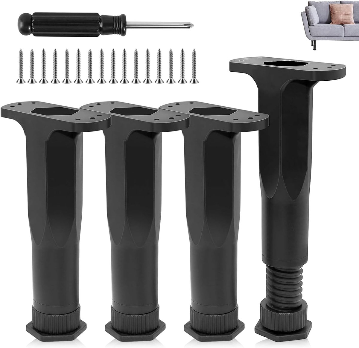4 pieces adjustable furniture legs, 16-28 cm, height adjustable, black, adjustable legs with screwdriver, for bedside - ShopVlot