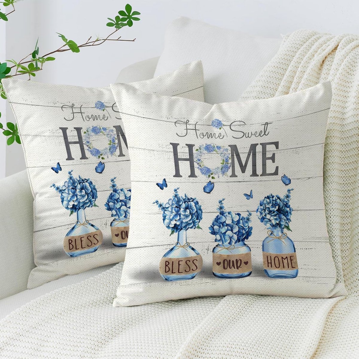 Decoratieve kussenhoezen 40 x 40 cm - Linnen met blauwe hortensia en vlinder - Machinewasbaar, ideaal voor sofa en tuin - ShopVlot