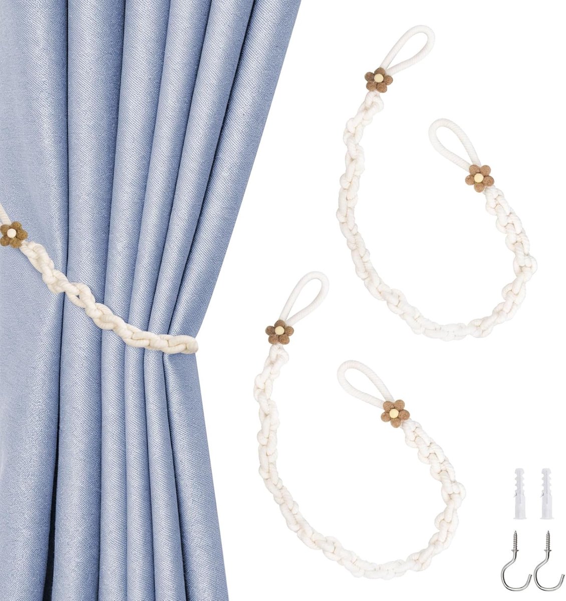 2 Stuks Katoenen Gordijnkoorden, Decoratieve Bloemvormige Gordijnhouders met Metalen Haken, Handgebreide Boho Rustieke - ShopVlot