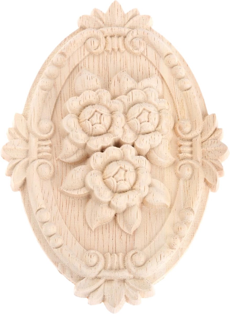 MUXSAM Wood Carved Applique Frame Onlay Unvarnished Furniture Decoration Unvarnished Oval Patterns 13x9cm - ShopVlot