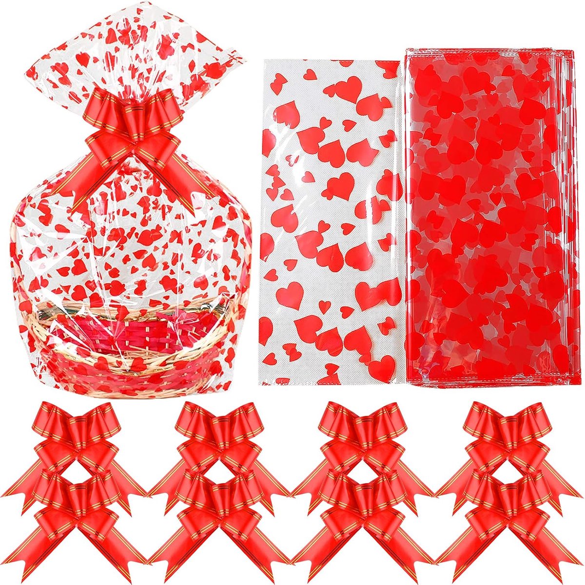MIAHART Valentine Large Basket Bags with 20 Bows, Ribbon 56 x 75 cm, Cellophane Bags, Heart Print, Cellophane Wrap for - ShopVlot