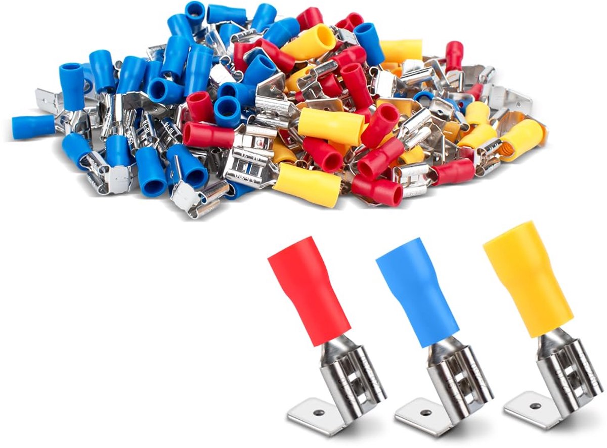 100 pieces PVC insulated brass spade cable lugs, 50pcs blue, 30pcs red, 20pcs yellow, for cable 0.5mm² to 1mm², 1.5mm² - ShopVlot