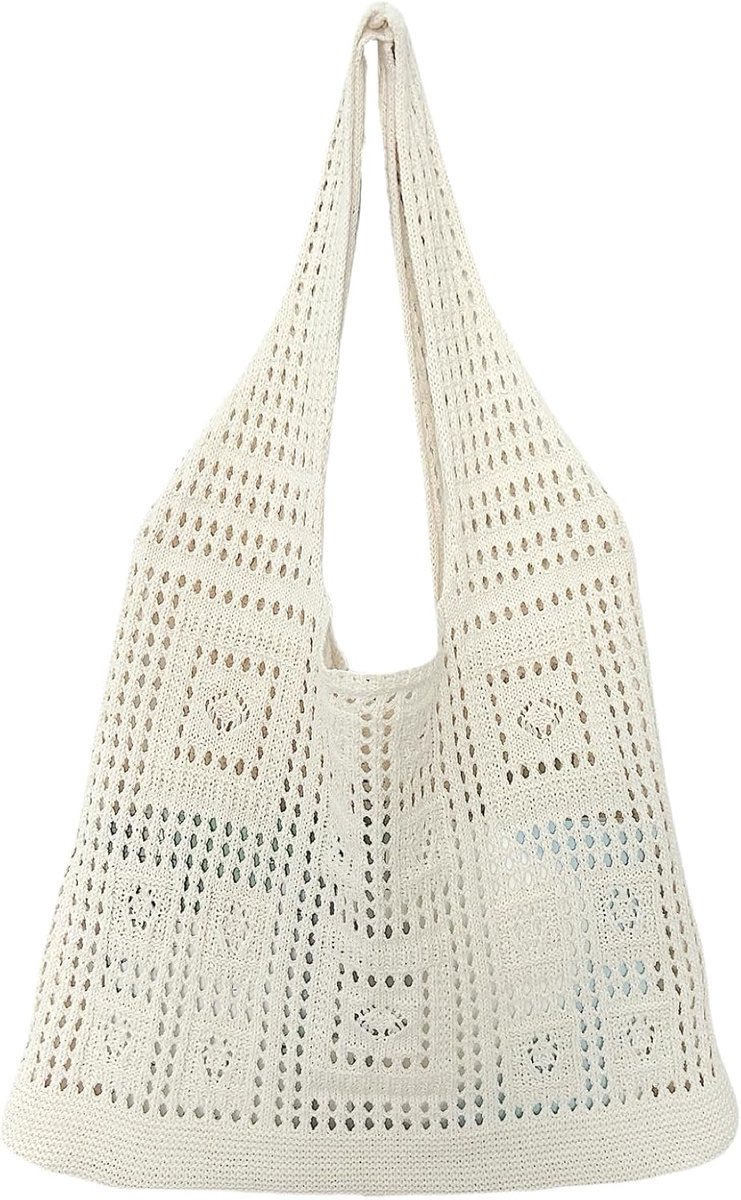 Beige gehaakte strandtas voor dames, boho, gebreide schoudertas, strandtas, net, shopper, schoudertas voor zomer - ShopVlot