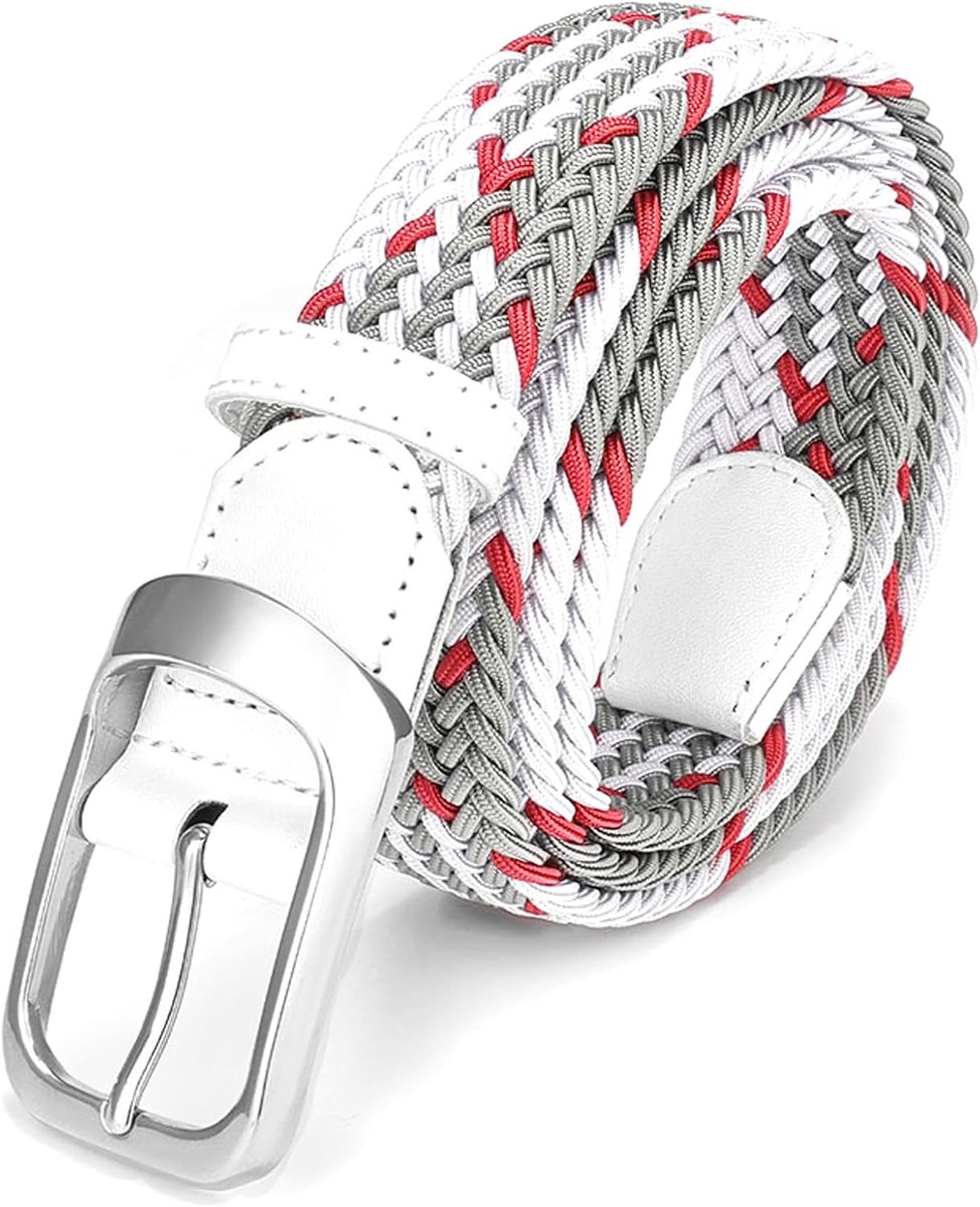 Braided Belt Men Fabric Stretch Belt for Men Women, White, Grey, Red + L8, 130CM, Waistlenumfang 41 "- 45" - ShopVlot