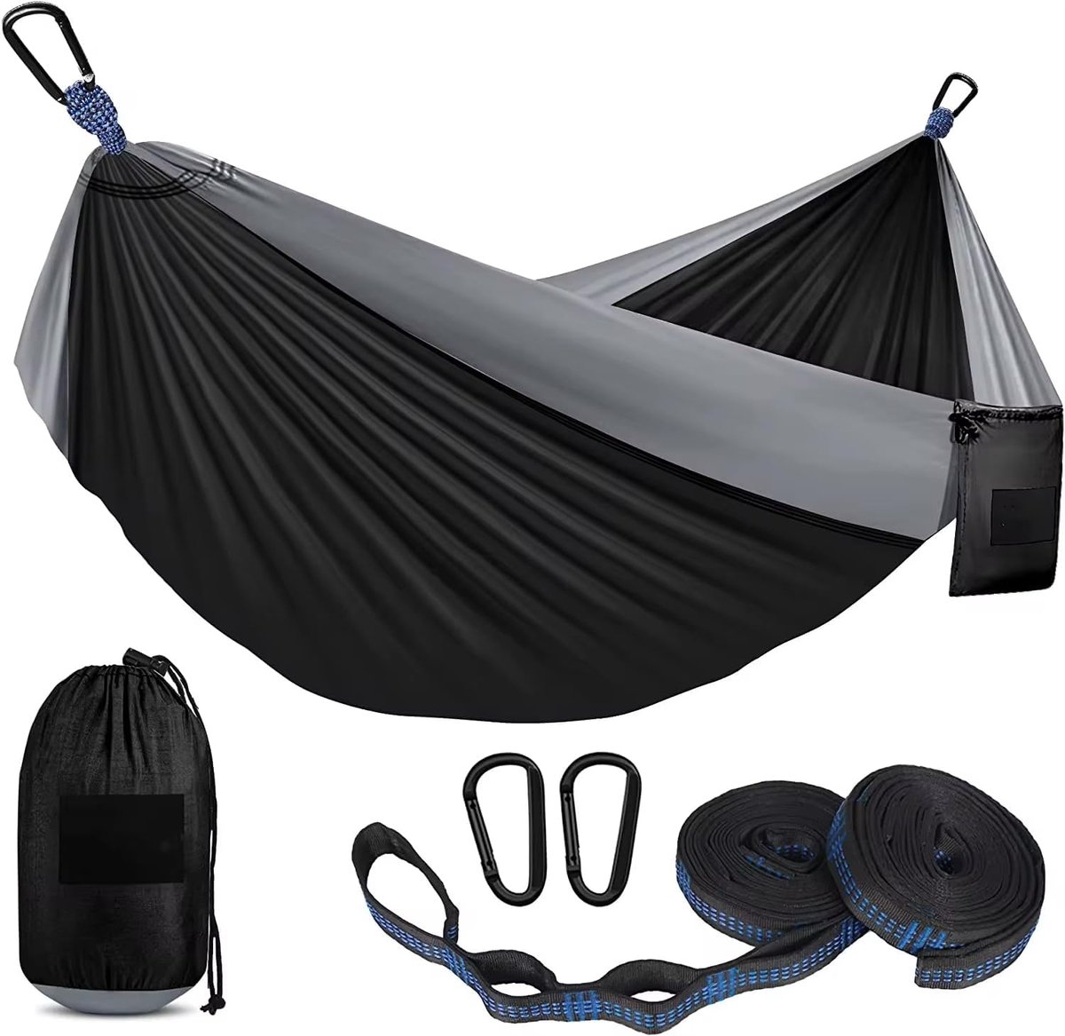 Outdoor Hammock, Black and Grey, 270 x 140 cm, Nylon, Load Capacity 200 kg, with Tree Straps and Carabiners, Includes - ShopVlot