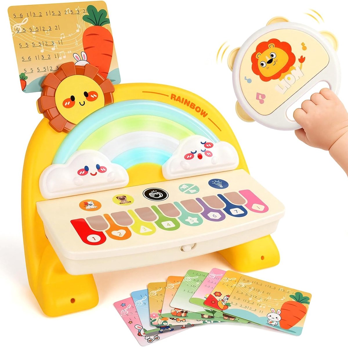 Baby Piano Speelgoed 1 Jaar Regenboog met Tamboerijn - Muziekspeelgoed met Folietoetsen, 10 Kinderliedjes - ShopVlot