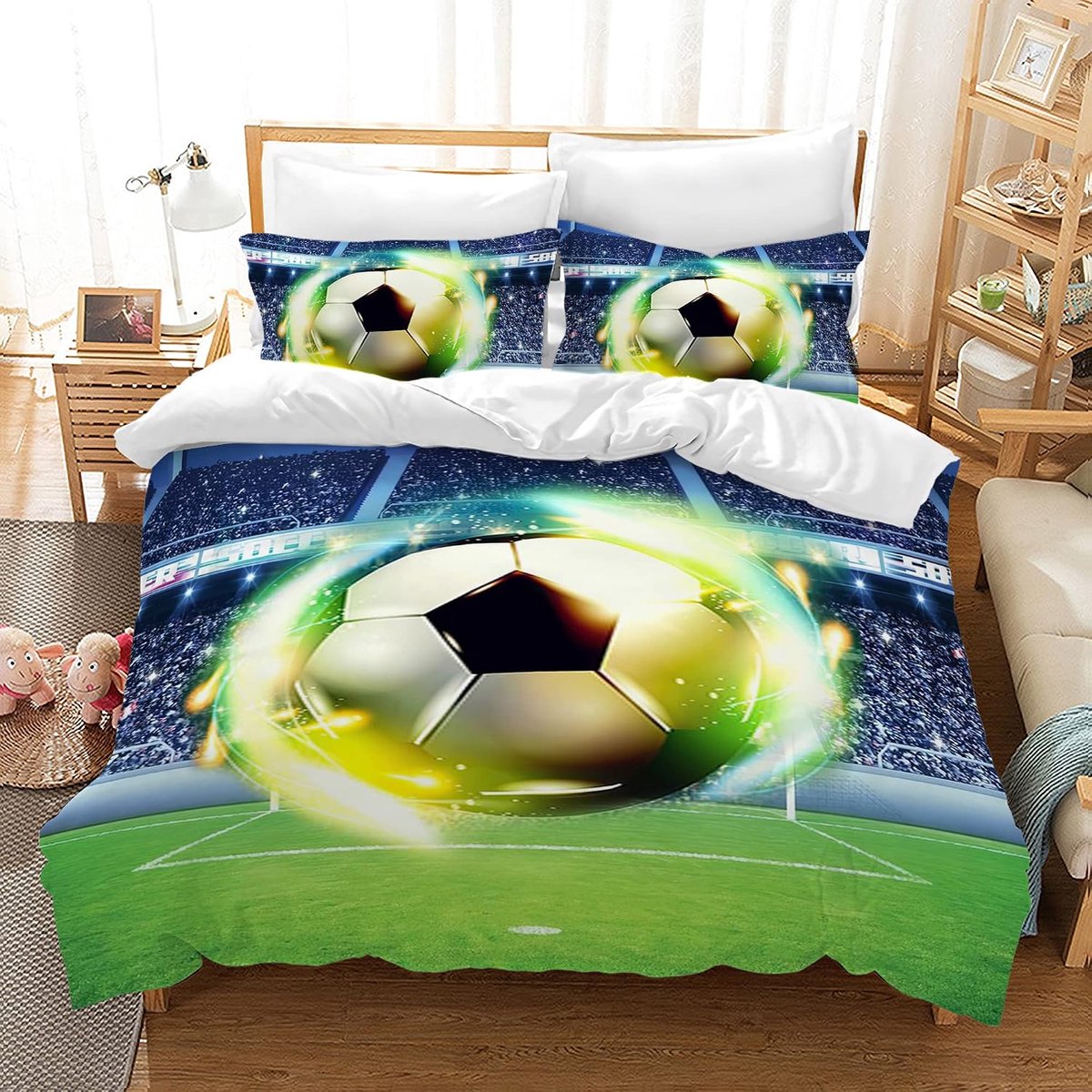 Football Bed Linen 200 x 200 cm for Children, 3-Piece Set for Boys and Teenagers with 3D Football Printed Microfibre - ShopVlot