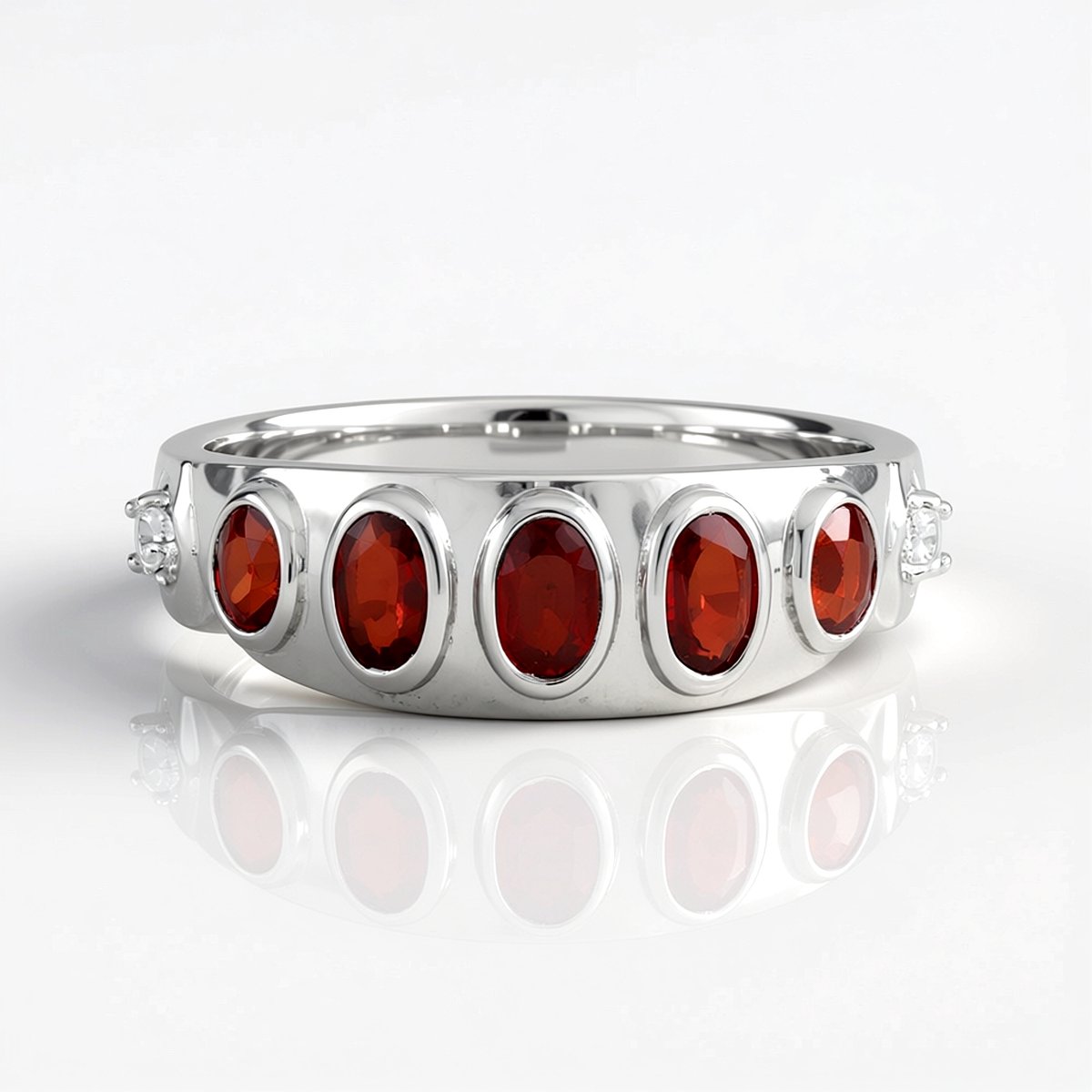 Cavill - Zilveren Ring met 5 Ovale Tanzania Robijnen 1,161 ct - 925 Sterling Zilver Platinering - Bezel Zetting - Fijn & Elegant Dames Sieraad
