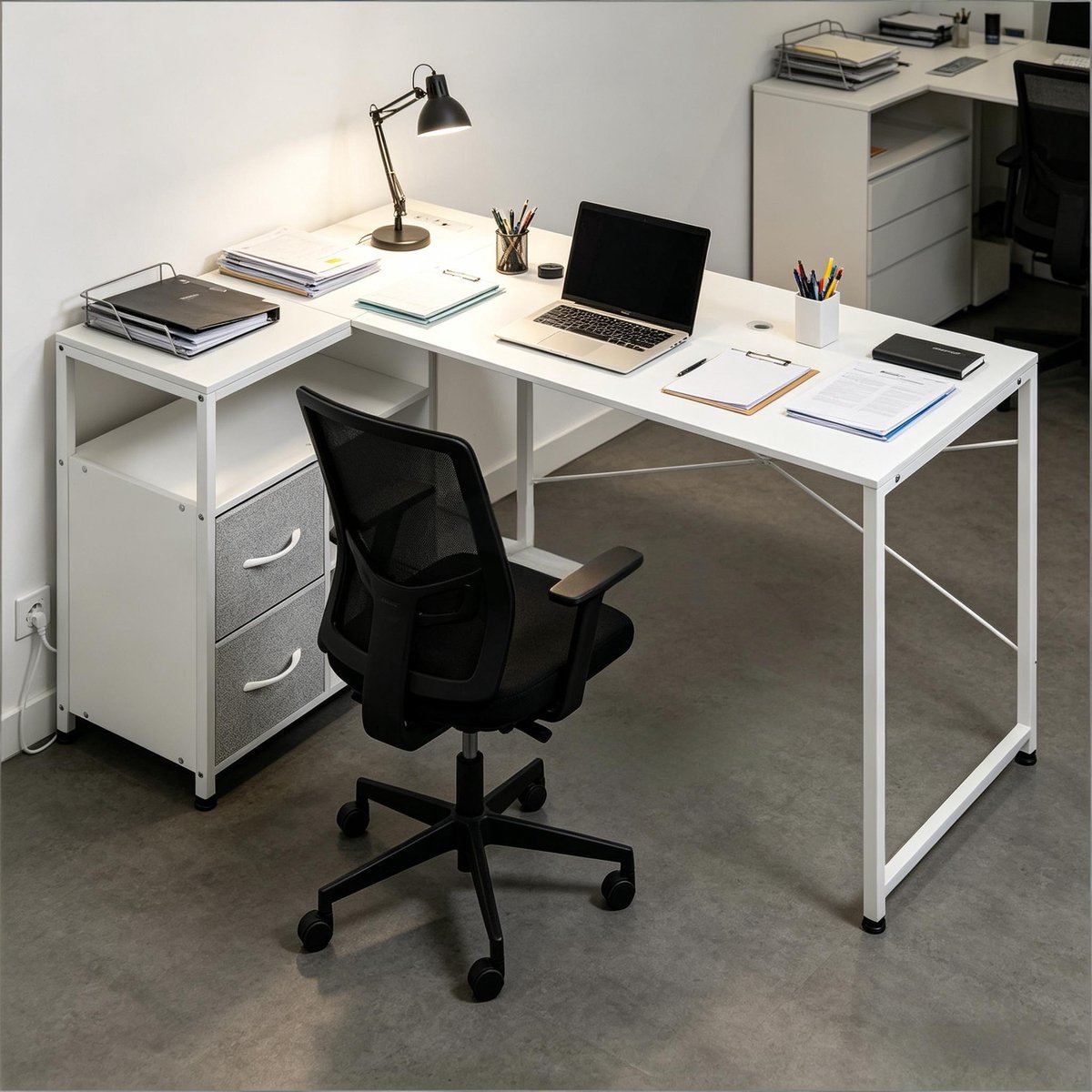 L Vorm Bureau Met Stopcontact - Hoekbureau Met Opbergruimte - Omkeerbaar Computerbureau Met USB Poort - Wit