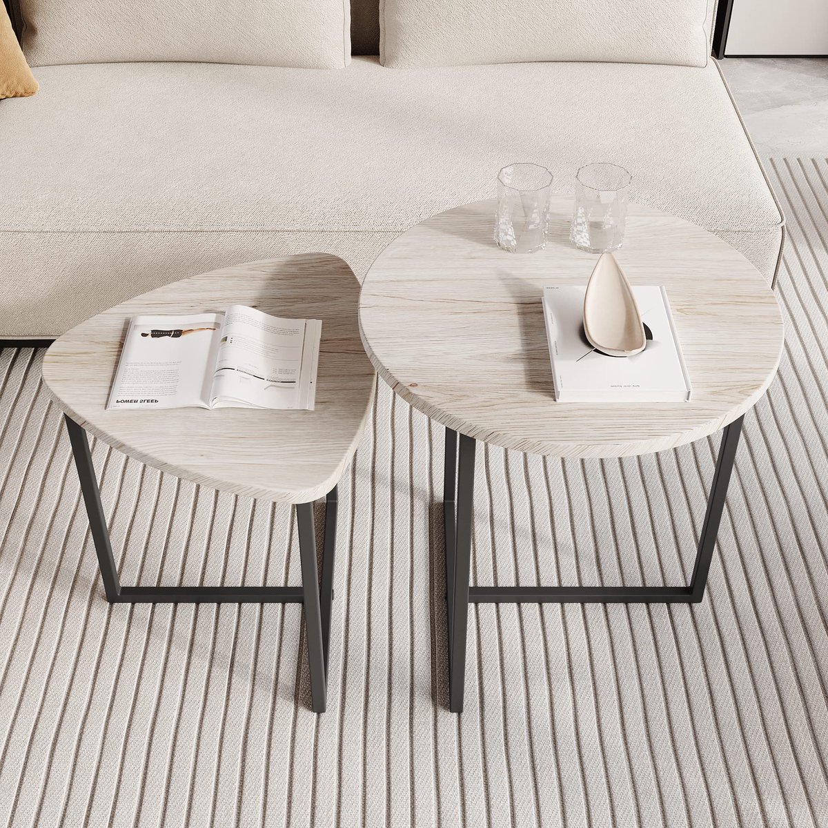 Couchtafel Set 2 Delig - Ronde Bijzettafels Met Houten Blad En Stalen Frame - American White Oak
