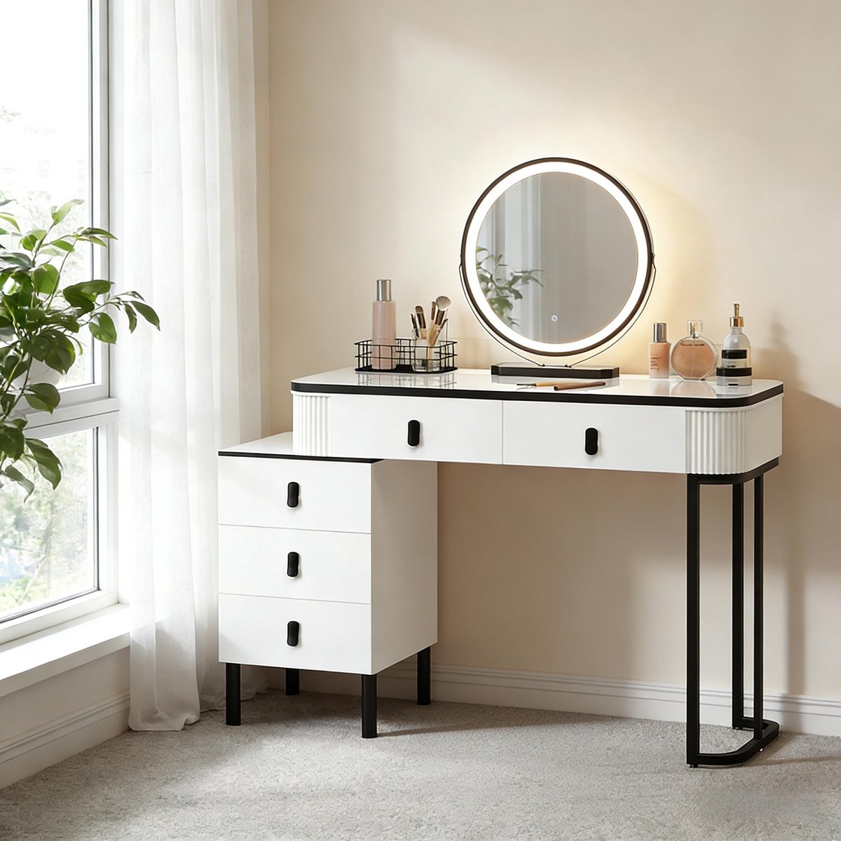 Make-up Tafel 100x125x40 cm - Toilettafel Met 5 Laden En LED Ronde Spiegel Zwart Wit