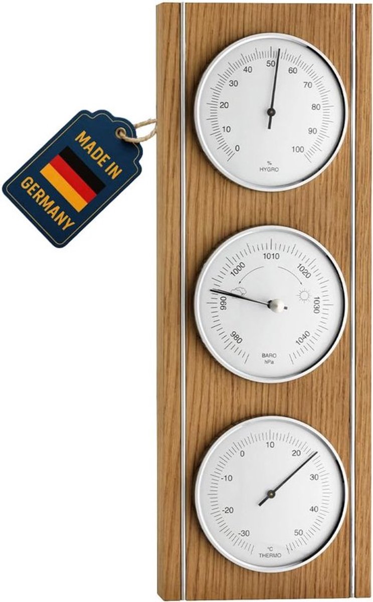 SnelShoppen - Analog Binnen Weerstation met Barometer, Thermometer en Hygrometer voor Binnenklimaat Monitoring, Eikenhout, Modern Design