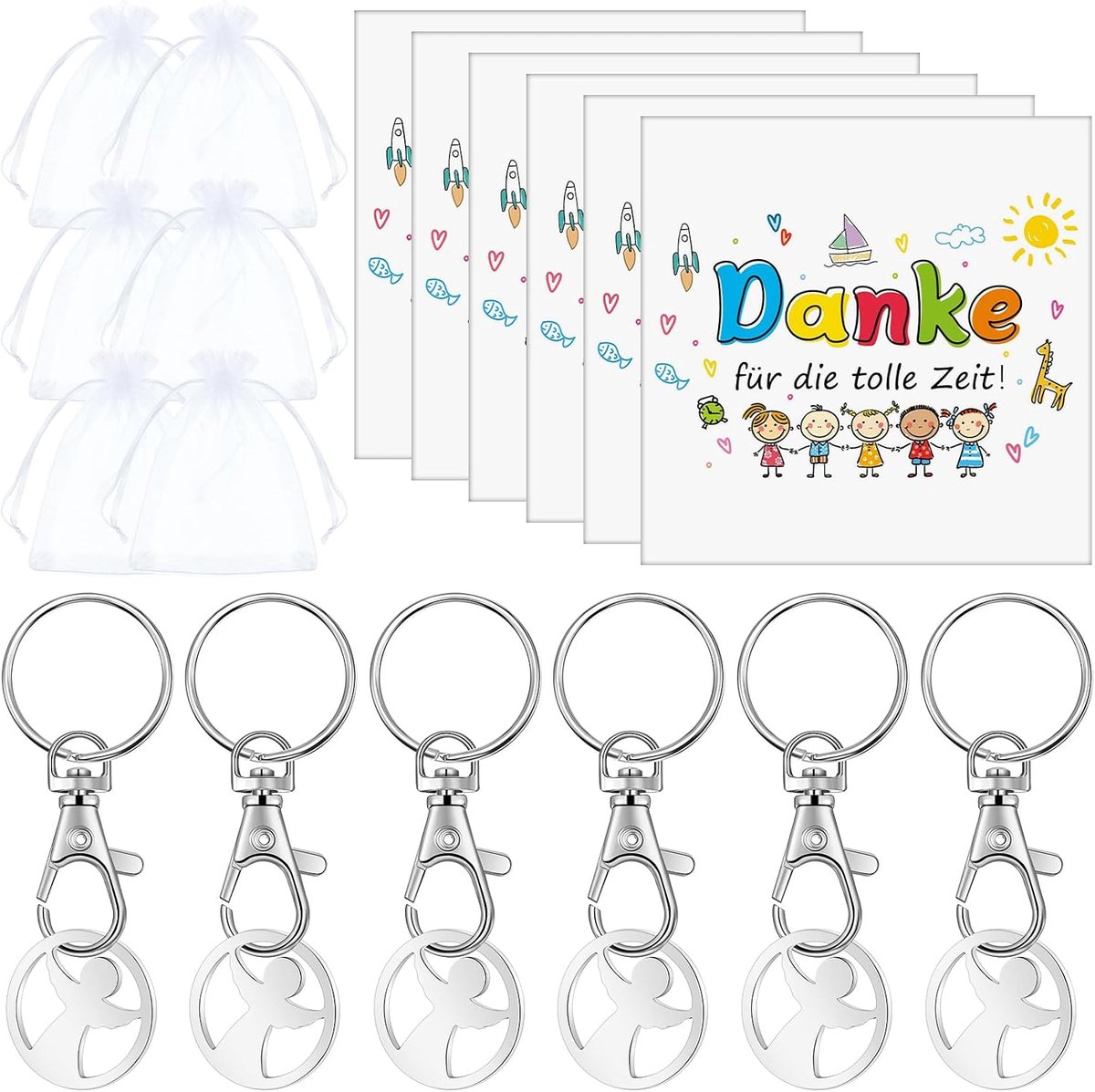 Set van 6 sleutelhangers met winkelwagentje chip - inclusief bedankkaart en organza zak - ideaal als cadeau - ShopVlot