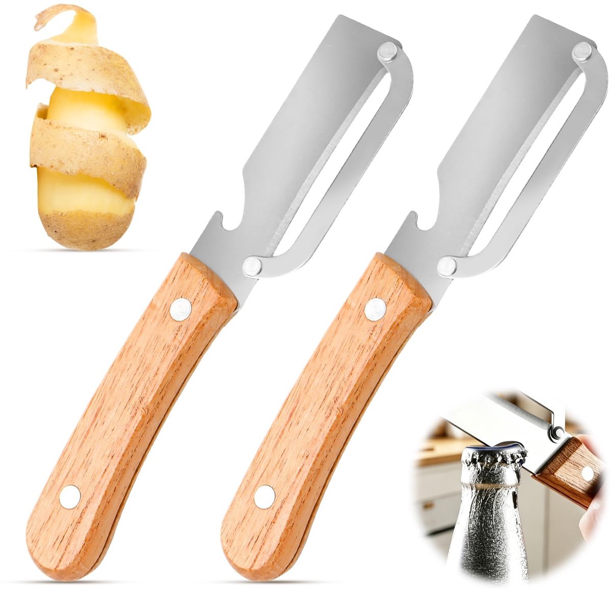 Solidchoice - 2-in-1 Groenteschiller met Houten Handvat en Flessenopener
