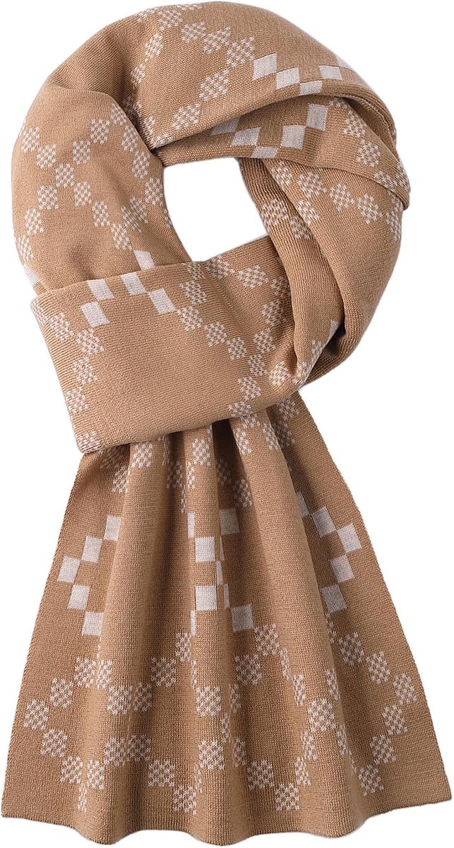 Sjaal voor heren 180×30cm - 6% wol - diamantpatroon khaki & beige - stijlvol en warm - ShopVlot