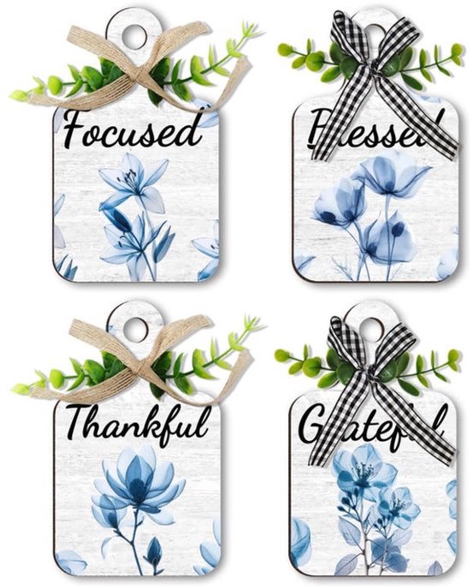 4 Stijlen Blauwe Bloemen Houten Bord - Wanddecoratie voor Keuken en Woonkamer met Jute Touw