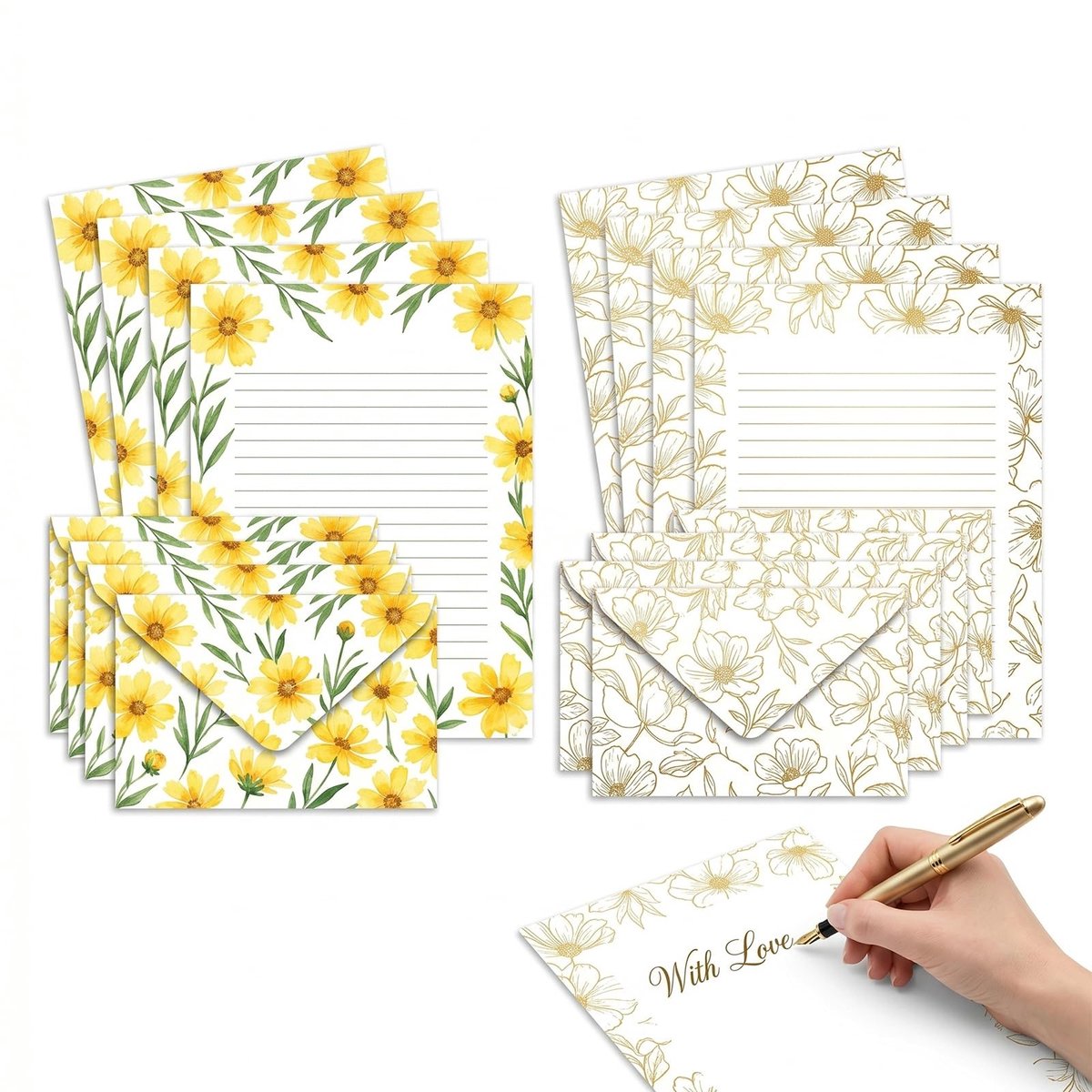 Solidchoice - Briefpapierset met Gouden Bloemenpatroon, 20 Stuks