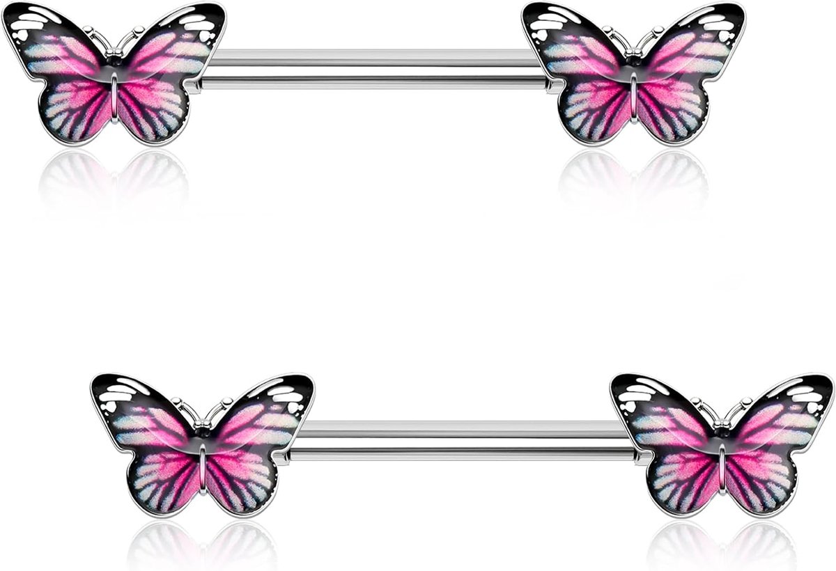 Nipple Bars 14G 14mm - 316L RVS - Vlinder Epoxy Design - Perfect voor dagelijks gebruik - ShopVlot