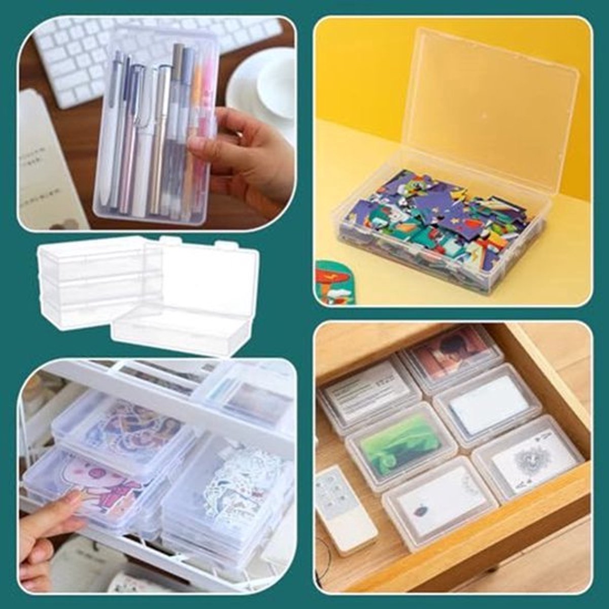 10,2 x 19,2 x 4 cm Rechthoekige PP Kunststof Dozen - Doorzichtige Opslag met Scharnierend Deksel - 4 Stuks