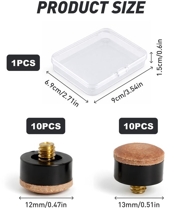 Solidchoice - Set van 20 Schroefbare Biljartkeu-Punten 12 mm + 13 mm — afbeelding 5