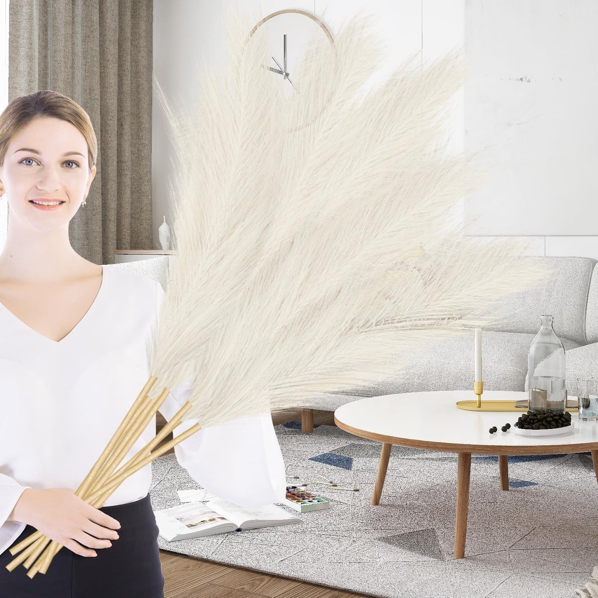 Grote Fluffy Pampas Grassen van 110 cm - 6 Stuks voor Vloervazen, Bruiloften en Boho Interieurdecoratie in Beige