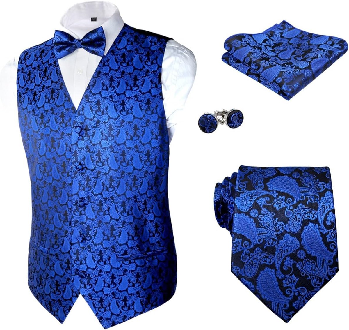 Retro Paisley 5-delige Mannen Kostuum Set met Vest, Stropdas, Pochet, Strik en Manchetknopen voor Feesten en Bruiloften