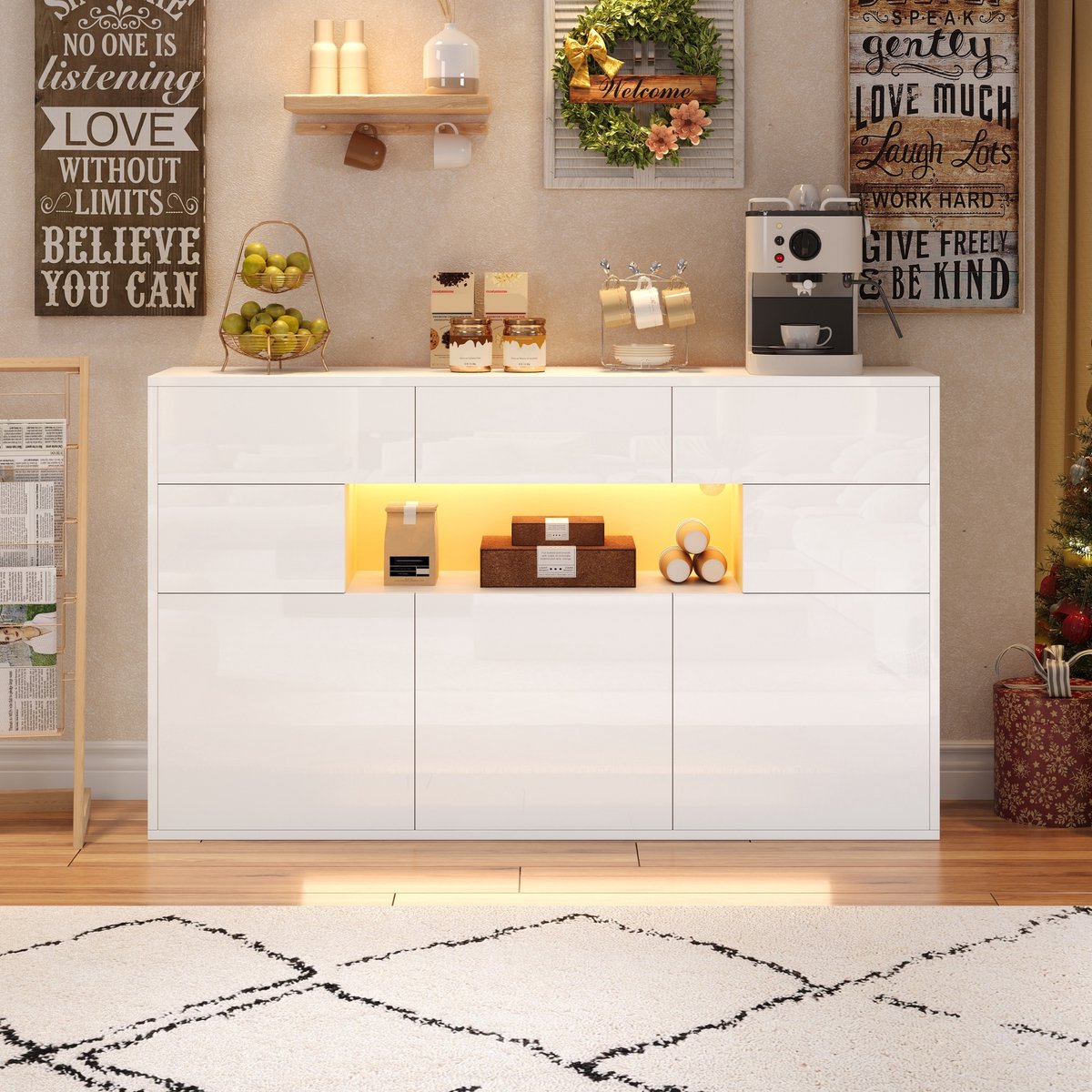 DESMIU Dressoir – Wit Hoogglans Met Led Verlichting En 3 Lades – Voor Woonkamer En Opbergruimte – Mdf – 140X30X82 Cm