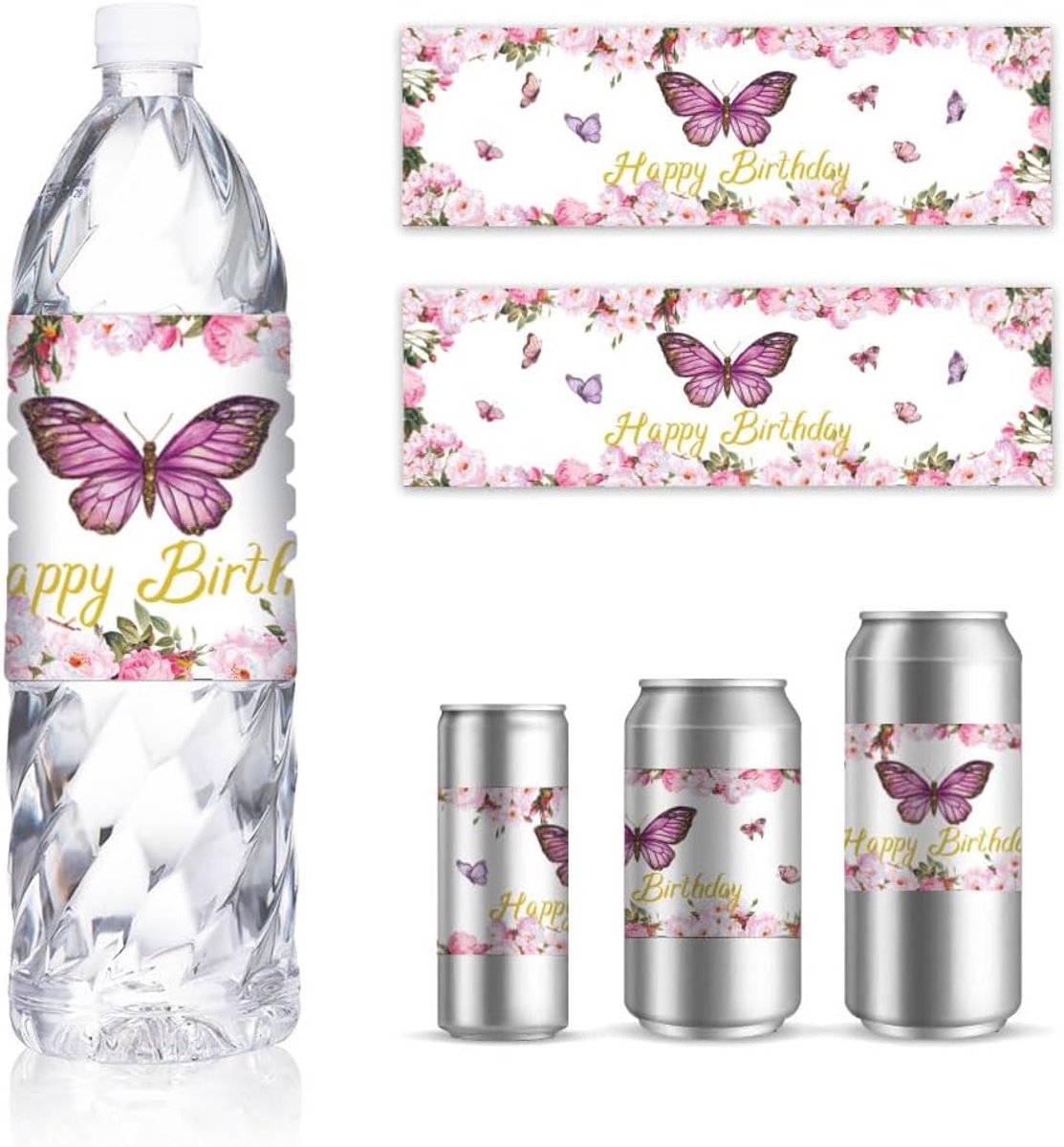 Waterfles labels 30 stuks - roze vlinder - verjaardagsstickers - vrolijke decoratie voor feest - ShopVlot
