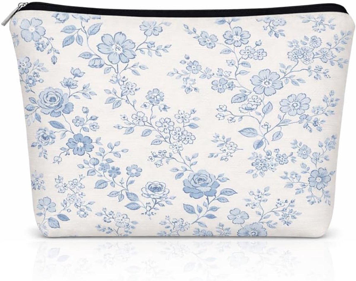 Make-uptas blauw met bloemenpatroon - polyester - landhuisstijl - perfect voor reizen - ShopVlot