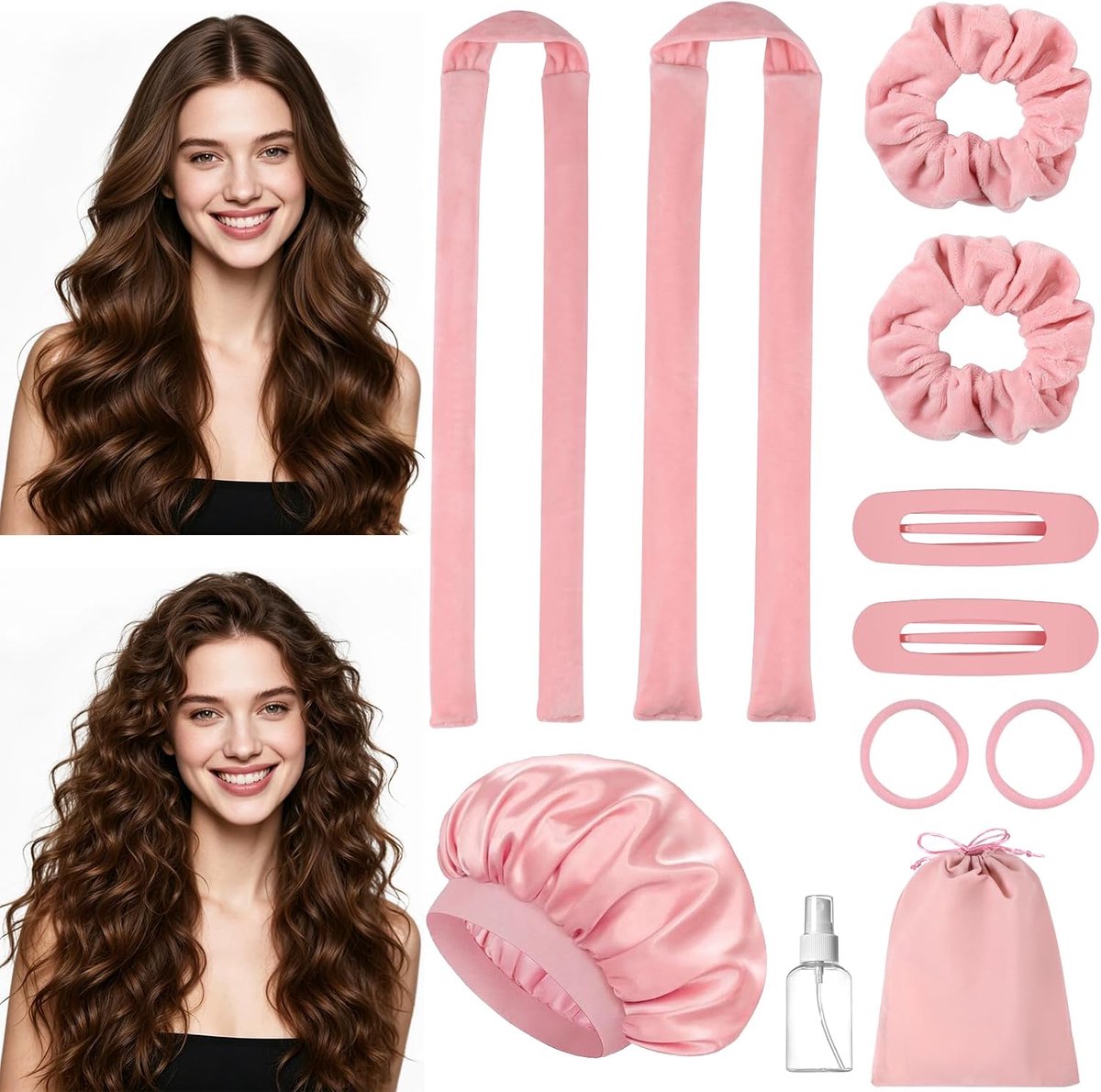 Heatless krulspelden set - 11 stuks, verschillende dikten - roze - hitteloze krullen 's nachts - ShopVlot