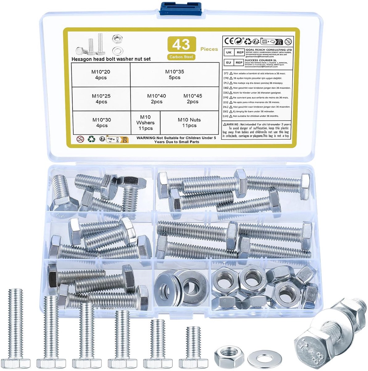 M10 schroeven set 43-delig - hex schroeven en moeren - sterke corrosiebestendige kwaliteit - perfect voor machinebouw - ShopVlot