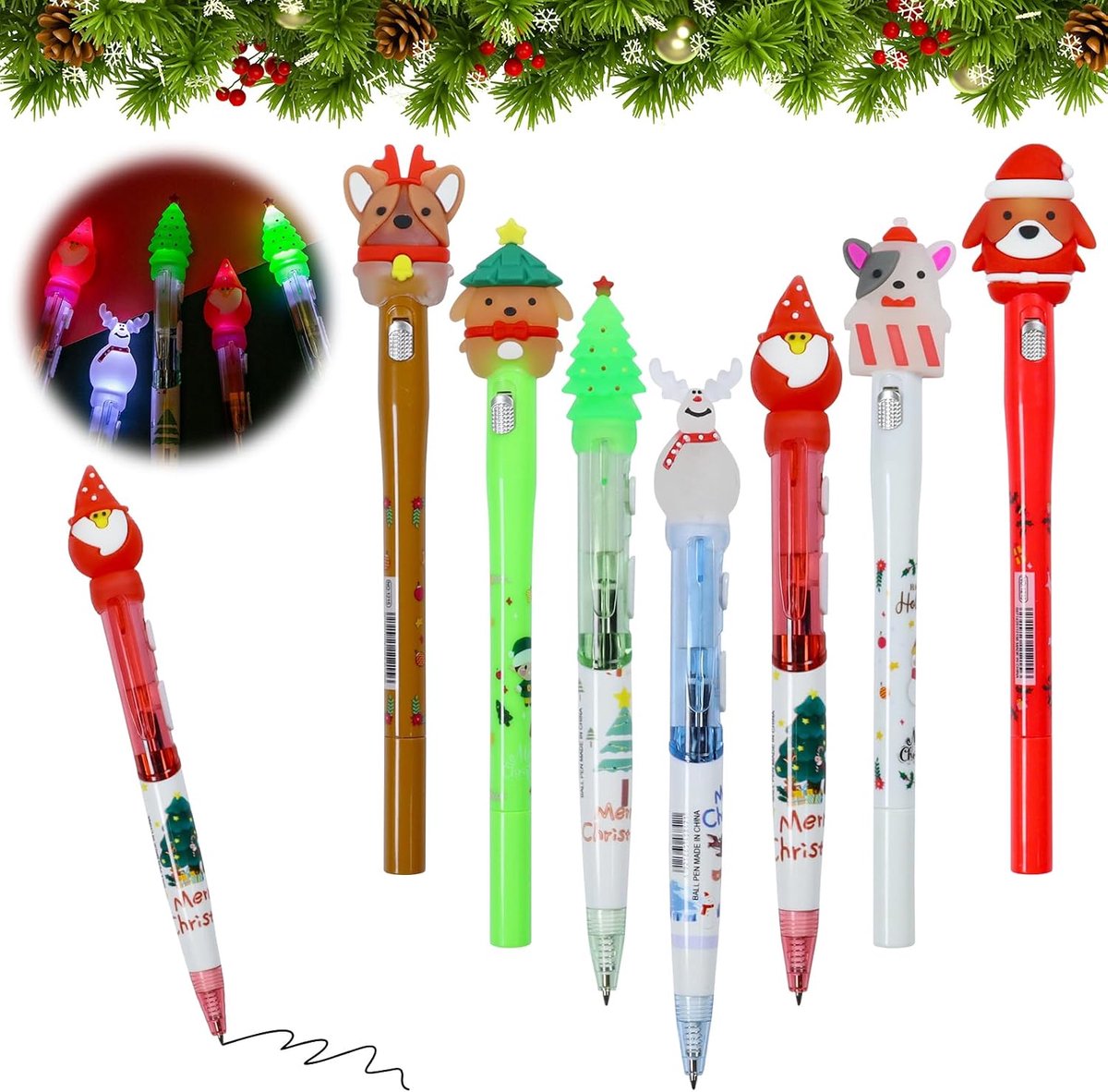 Balpen kerst, 7 stuks - 0,5 mm - diverse patronen - perfect voor school en kantoor - ShopVlot