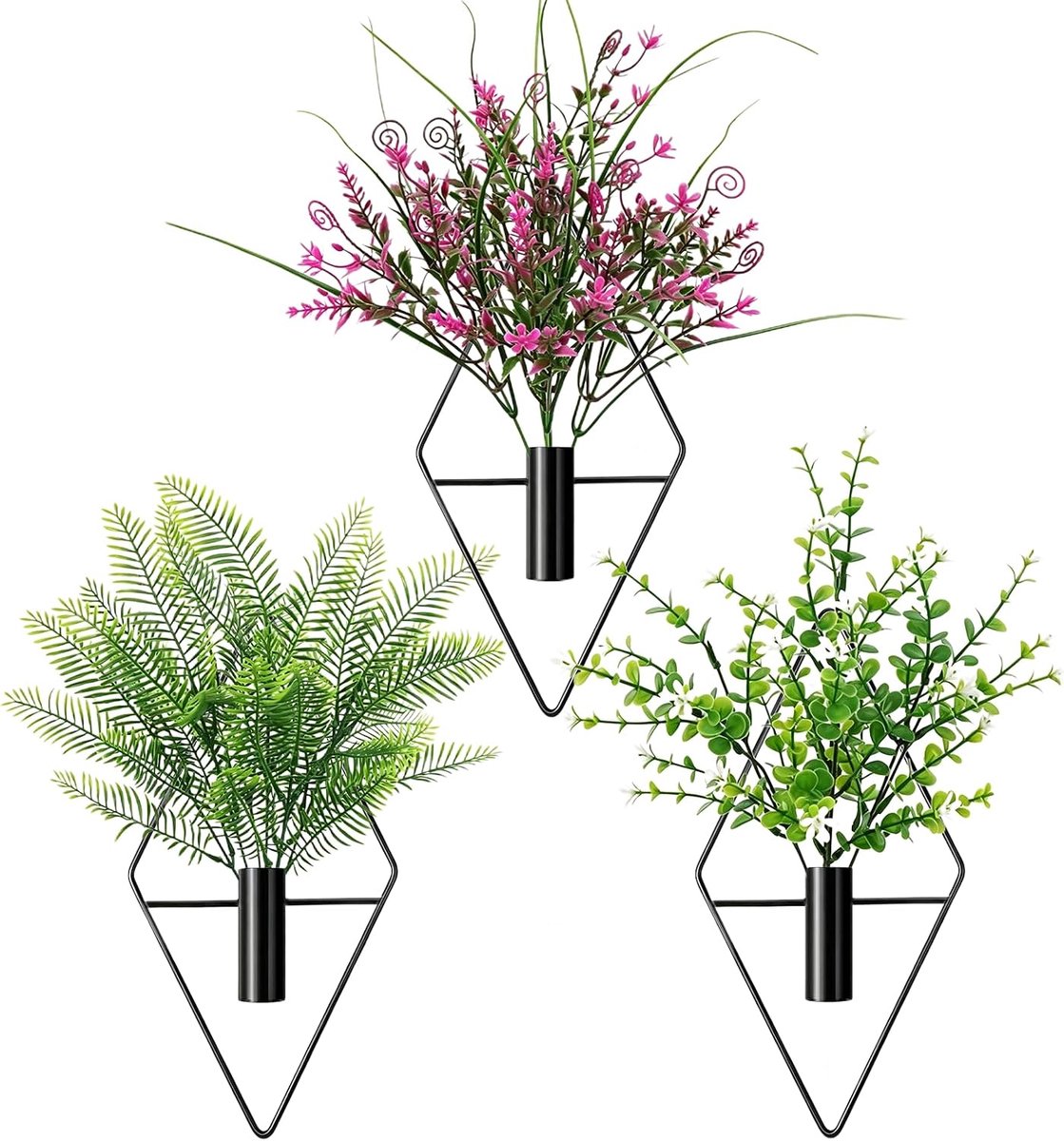 Wandbehang set van 3 - Smeedijzeren bloempotten 25 x 12,5 cm - Inclusief kunstplanten - Wanddecoratie voor woonkamer - ShopVlot