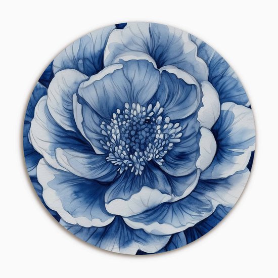 Gedetailleerde blauwe bloem, rond schilderij.