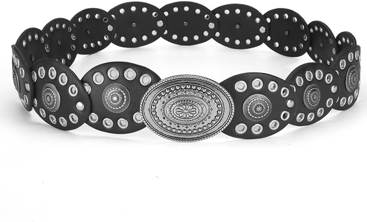 Leren Vrouwen Vintage Brede Verstelbare Ceintuur - Disc Met Nieten - Cowboy Accessoire Voor Stijlvolle Outfit - ShopVlot