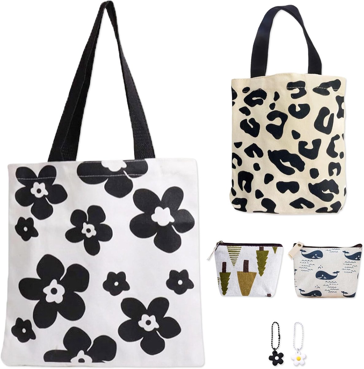 Stoffen tas set van 2 - canvas met dieren- en bloemenprint - inclusief portemonnees en sleutelhangers - ShopVlot