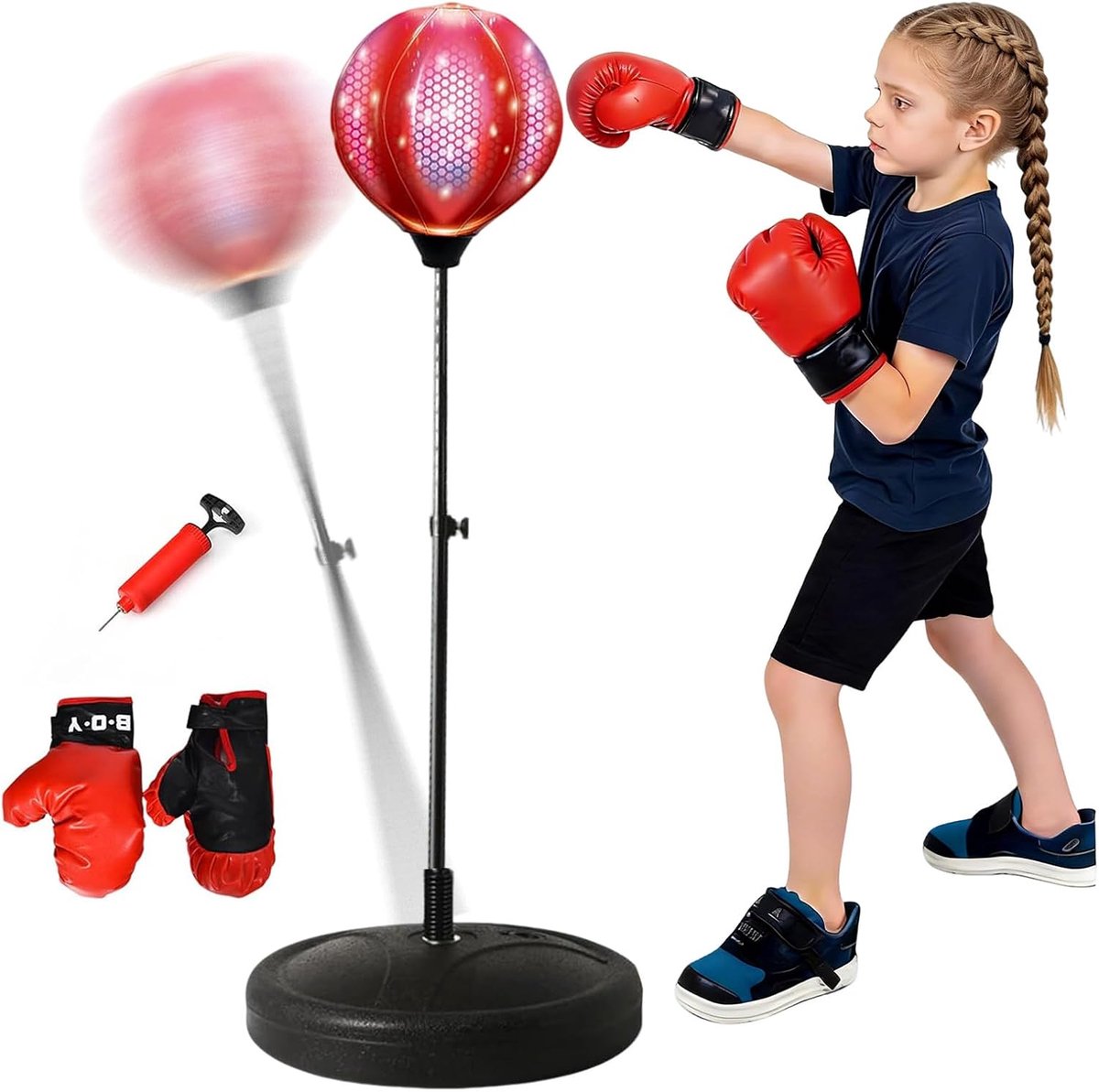 Boksset staande boksbal 82-125 cm - met bokshandschoenen en pomp - hoogte verstelbaar - ShopVlot