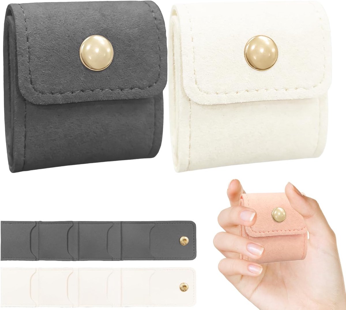 Mini reis sieradentasjes set van 2 - opvouwbaar - beige/grijs - veilige opslag voor sieraden - ShopVlot
