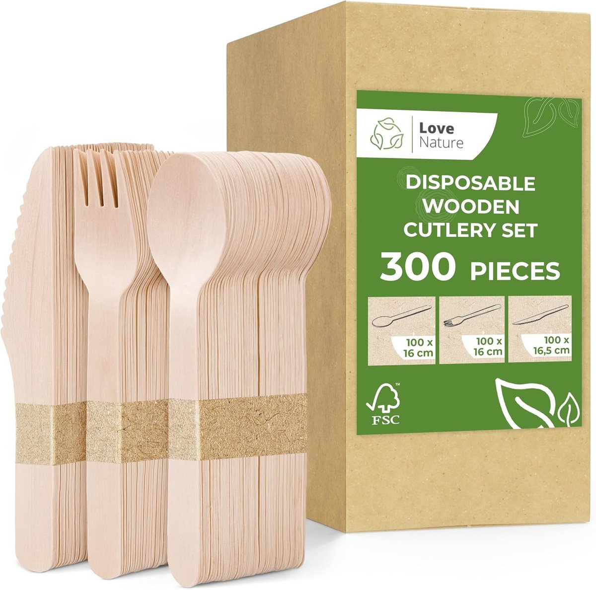Houten Wegwerp Bestek 300 Stuks - Biologisch Afbreekbaar - FSC Gecertificeerd - Ideaal voor Feesten - ShopVlot