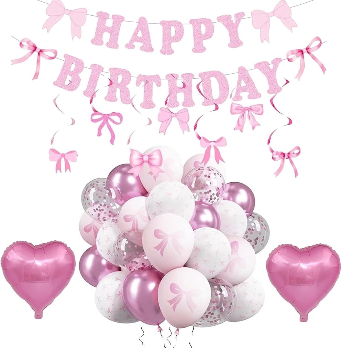 Verjaardagsdecoratie set - 40 stuks roze strikken - hartvormige folieballonnen - complete oplossing voor feest - ShopVlot