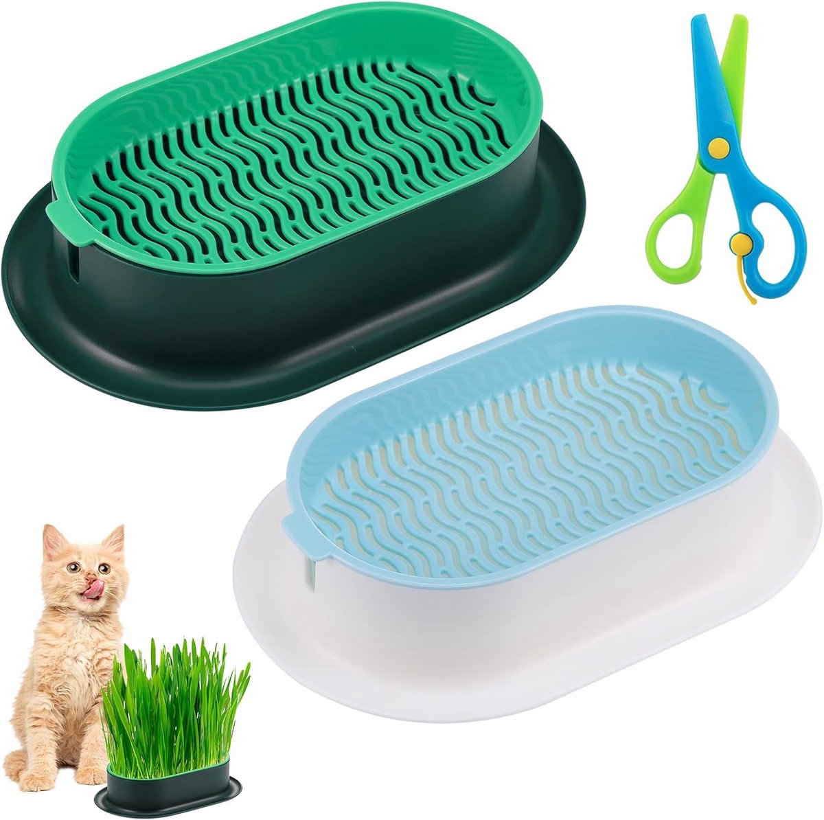 Katgras zaaikist 2pcs - kunststof - met schaar - handig voor kattenliefhebbers - ShopVlot