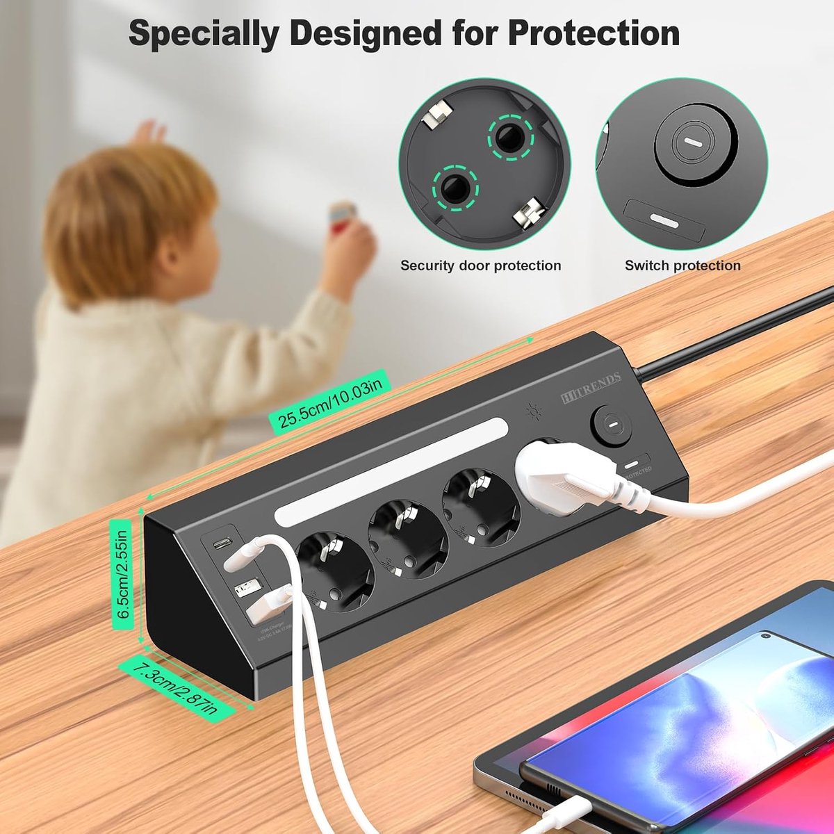 Desktop stekkerdoos 4-voudig - 2 USB en 2 Type-C - 16 A 3680 W - ideaal voor gebruik in de hoek - ShopVlot