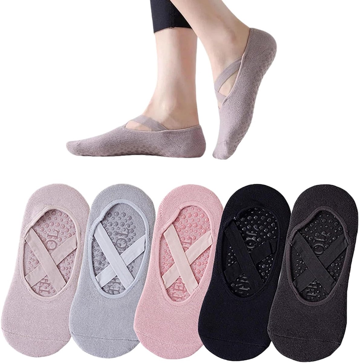 Yogasokken 5 paar - antislip pilatesokken met riemen - effen kleur - perfect voor stabiliteit - ShopVlot
