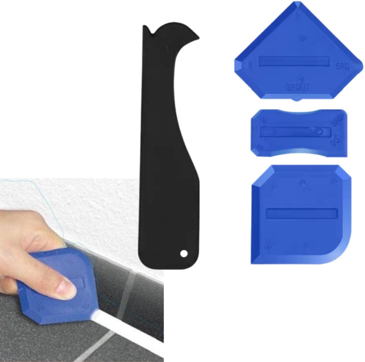 4-delige set – Voeggereedschapset – Afwerkschraper voor kit – Voegverwijderaar – Kitapplicator – Voegschraper – Voegapplicator – Blauw – Geschikt voor keuken-, badkamer-, vloer- en wastafelvoegen