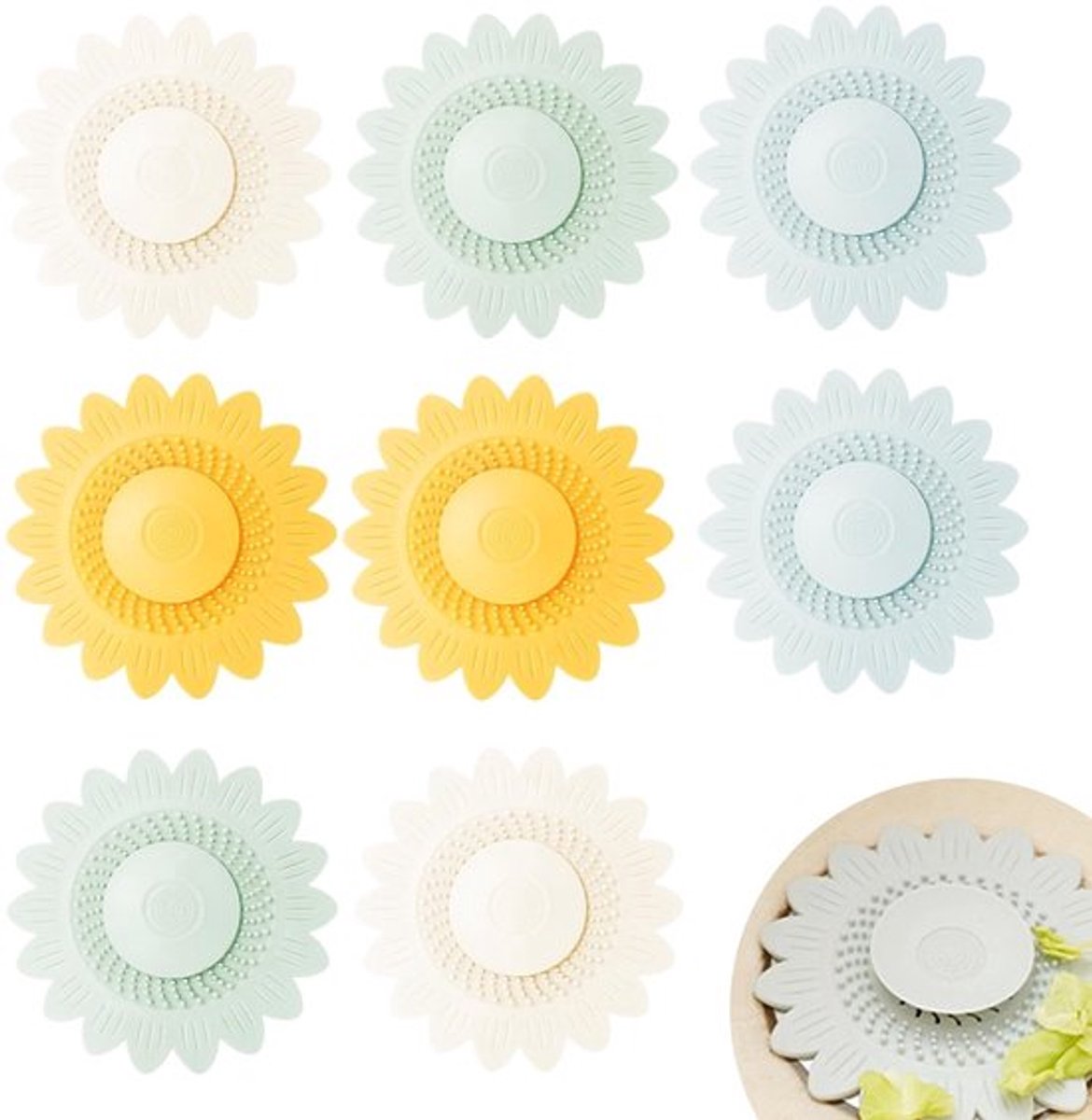 Afvoerstop met dubbele filters - Haarvanger - Antislip - Zonnebloemvorm - 8 Stuks - Geschikt voor badkamer en keuken