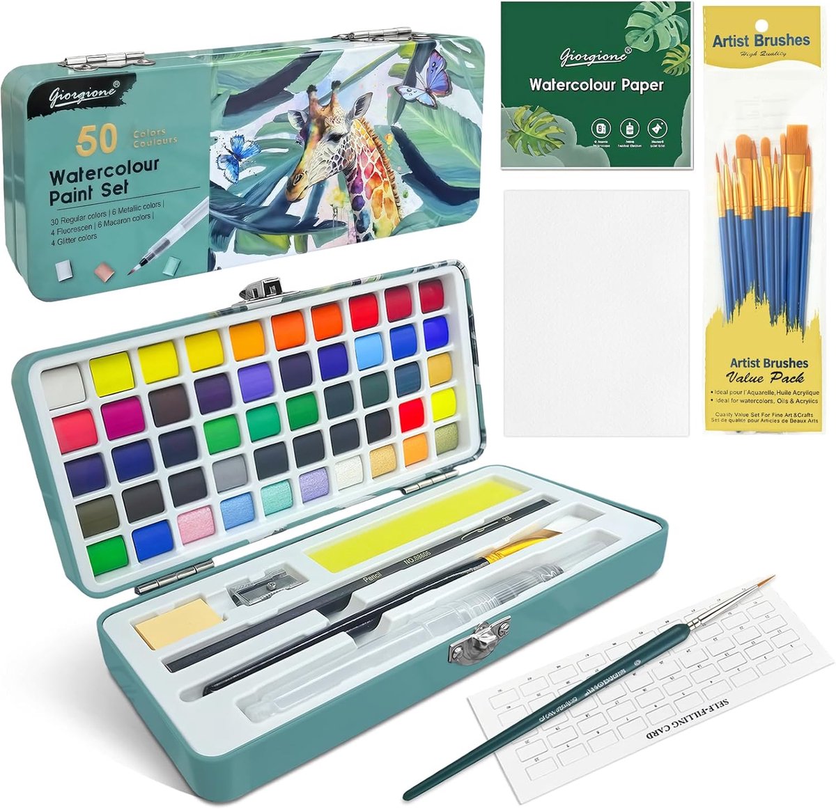 Verfset 50 kleuren - Draagbare doos met palet en aquarelpapier - Voor kunstenaars en hobbyisten - Creatief schilderen - ShopVlot