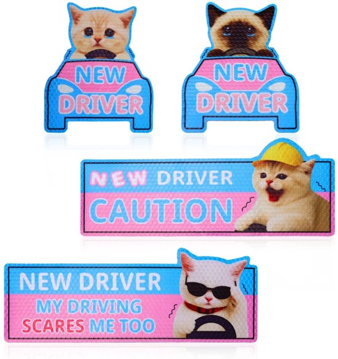 Autosticker Grappige Kattenontwerpen - 4 Stuks - Reflecterende Magneten - Waterdicht - Veiligheidsborden - 13,1x11cm / 23x9,1cm - Auto Magneet