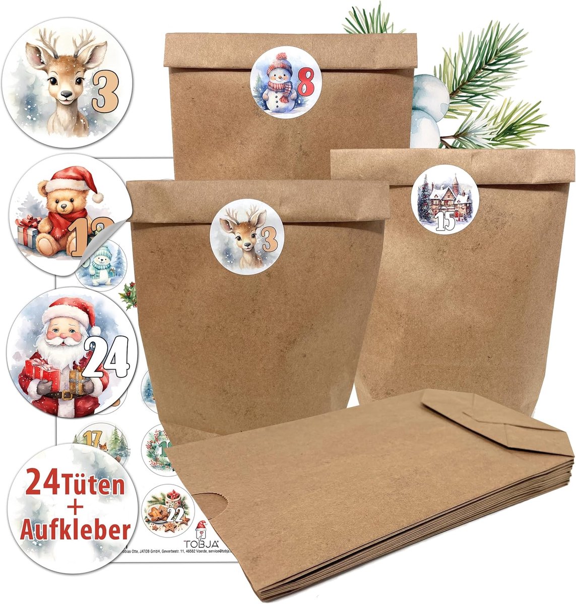 Adventskalender vullen - 24 XL kraft papieren zakken - met stickers - creatief ontwerp voor kinderen - ShopVlot