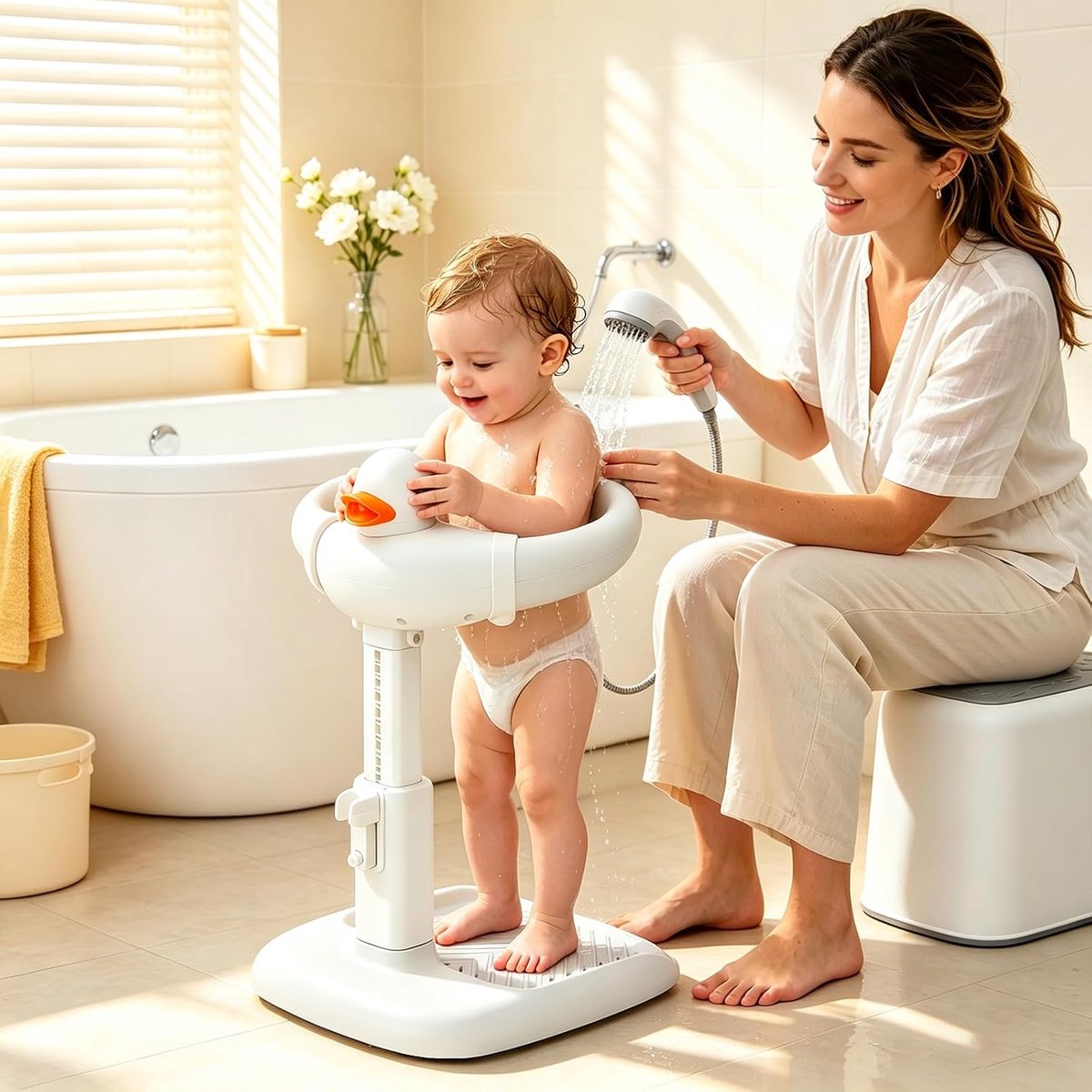 Baby Badzitje met Frame - Hoogte Verstelbaar 45-63 cm - Dismountable met Douchehouder - Ideaal voor Onrustige Baby's - ShopVlot